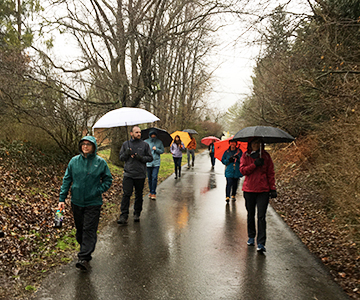 People with umbrellas walking on trail