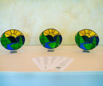 Display of three stained-glass awards